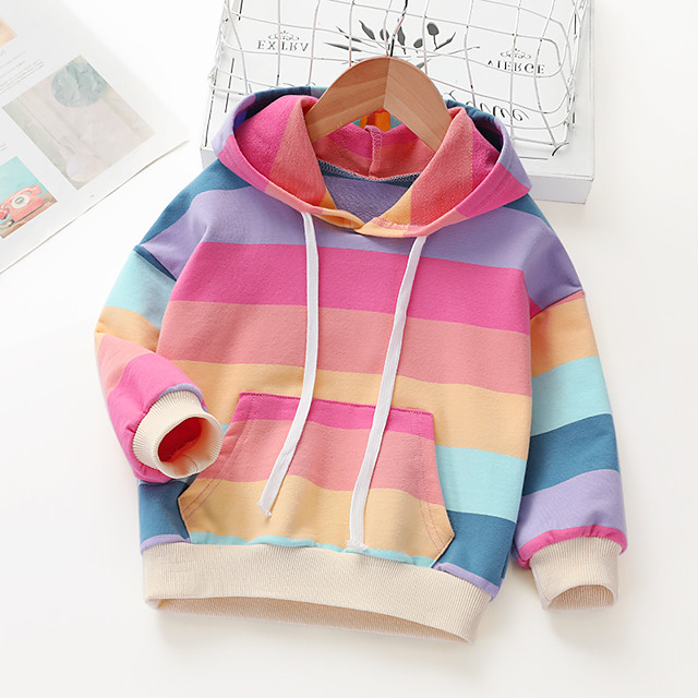 Teenager Casual Pullover Hoodie Rainbow Striped for Boys Girls Long Sleeve Pocket Hooded Sweatshirt