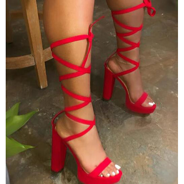 red lace up chunky heels