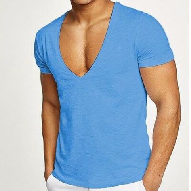 men's t-shirt tee workout gym deep v neck fitness athletic muscle ...