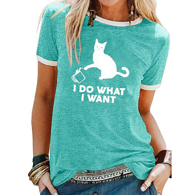 T Shirt Femme Quotidien Fin De Semaine Chat Lettre Manches Courtes Patchwork Imprime Col Rond Hauts Haut De Base Basique Noir Bleu Violet De 21 A 14 99