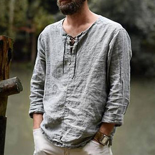 men's henley shirt long sleeve drawstring casual v neck laceup plain tops white 8615180 2021