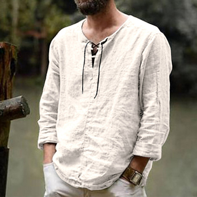 Camisa Retro De Algodón Para Hombre – Manga Larga Con Cordones Y Cuello De Abuelo, Disfraz De Pirata O Vikingo Medieval Para Halloween