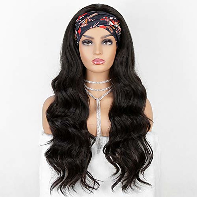 natural black headband wig full machine made headband wigs long wavy