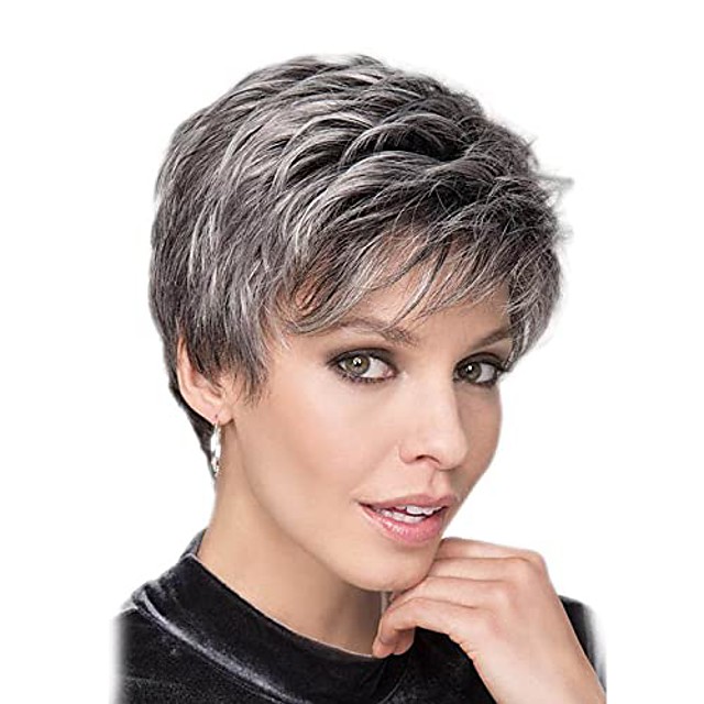 Short Grey Wigs For White Women Natural Wave Synthetic Full Old Lady 