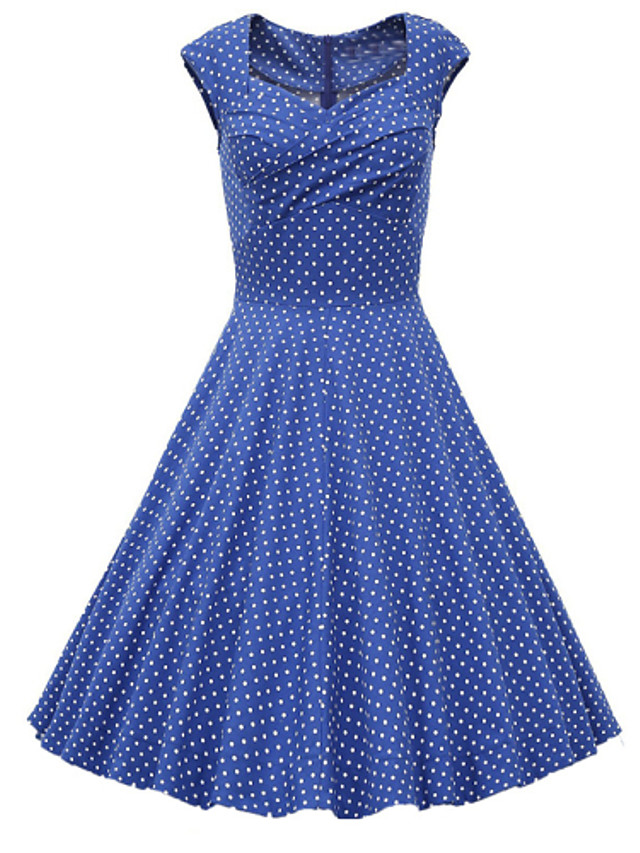 Women's Daily Loose Sheath Skater Dress - Polka Dot Pleated Spring Blue ...