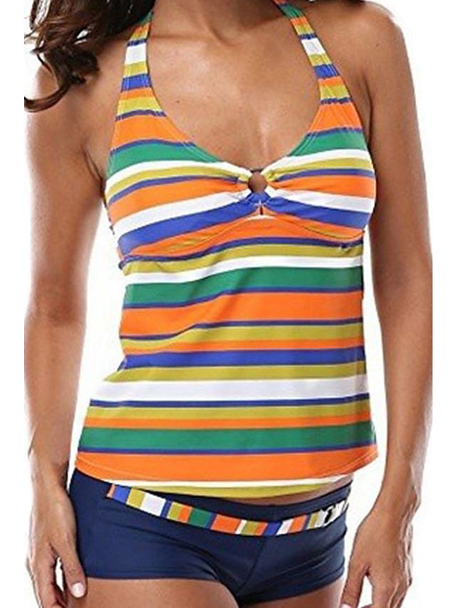 Women's Plus Size Tankini Swimsuit Striped Halter Neck Swimwear Bathing