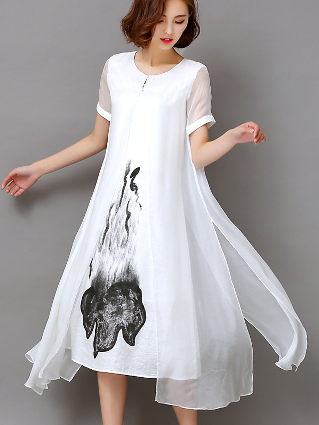 Mujer Vestido de raso Vestido Midi Blanco Negro Manga Corta Blanco