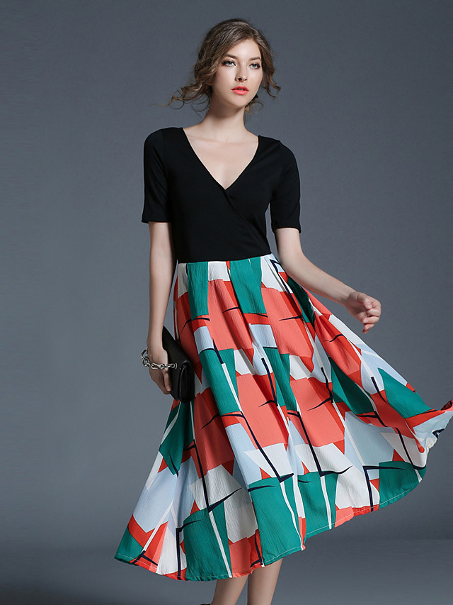 21年 女性用 ヴィンテージ ストリートファッション モダンシティ ａライン ドレス ビンテージ レトロ プリント パッチワーク 膝丈 ｖネック コレクション 27 99