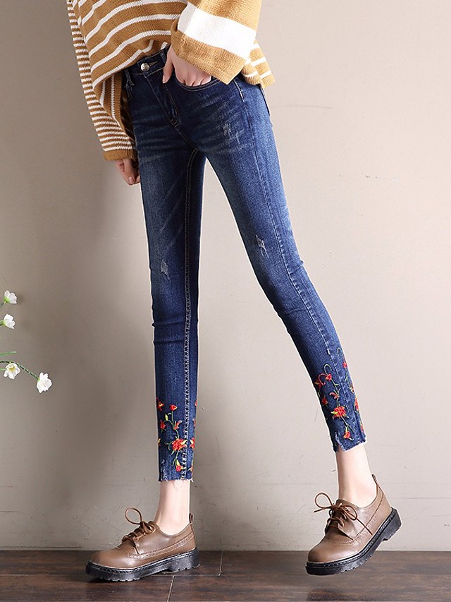 Femme simple Coton Skinny Pantalon - Couleur Pleine Bleu ...