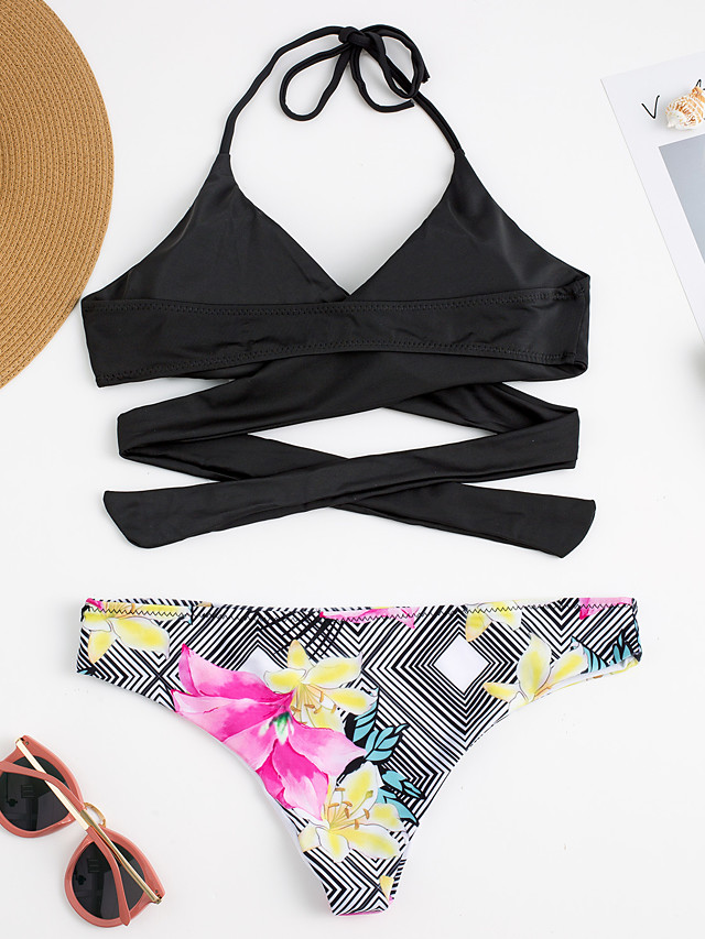 Mujer Floral Sólido Deportes Halter Negro Bikini Bañadores Estampado M