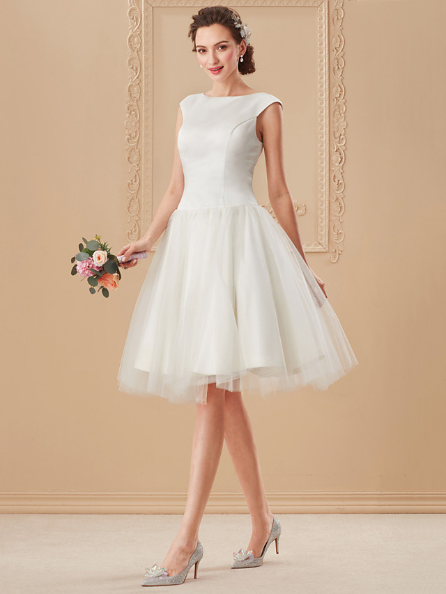 A-Line Bateau Neck Knee-Length Ivory Tulle and Beaded Homecoming Dress with Illusion Back main image 1