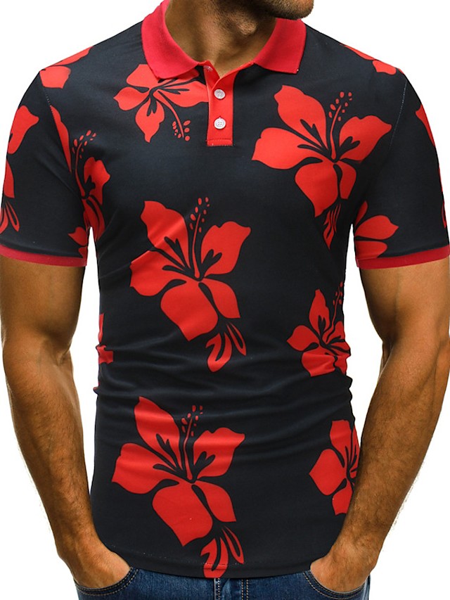  Polo  Homme  Fleur  Bloc de Couleur Coton Basique Col 