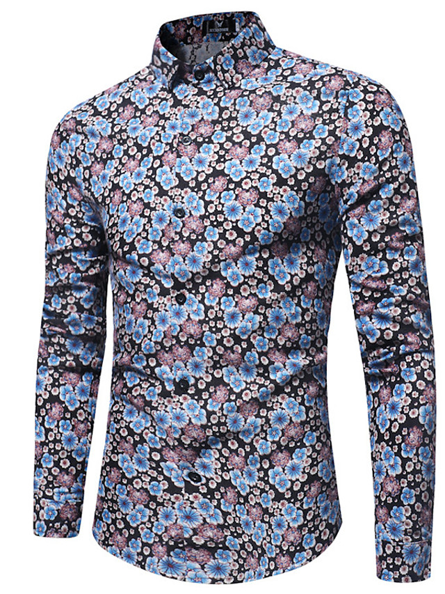 Men's Floral Slim Shirt Basic Daily V Neck Blue / Red / Long Sleeve ...