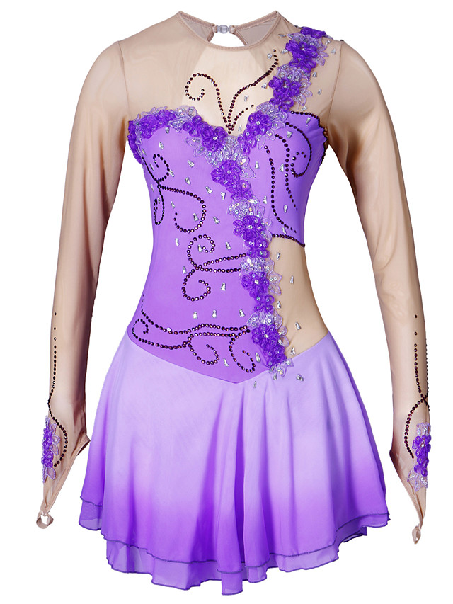 Robe de Patinage Artistique Femme Fille Patinage Robes Violet Fleur Teinture Halo Elasthanne