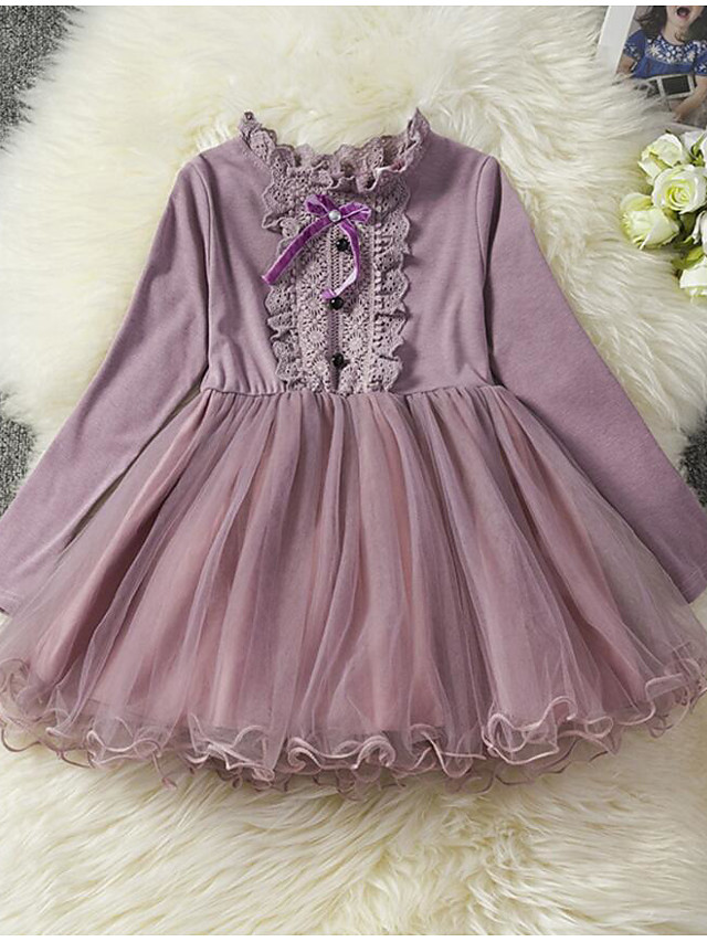 Kids Toddler Girls' Active Sweet Holiday Going out Solid Colored Lace Long Sleeve Dress Purple 