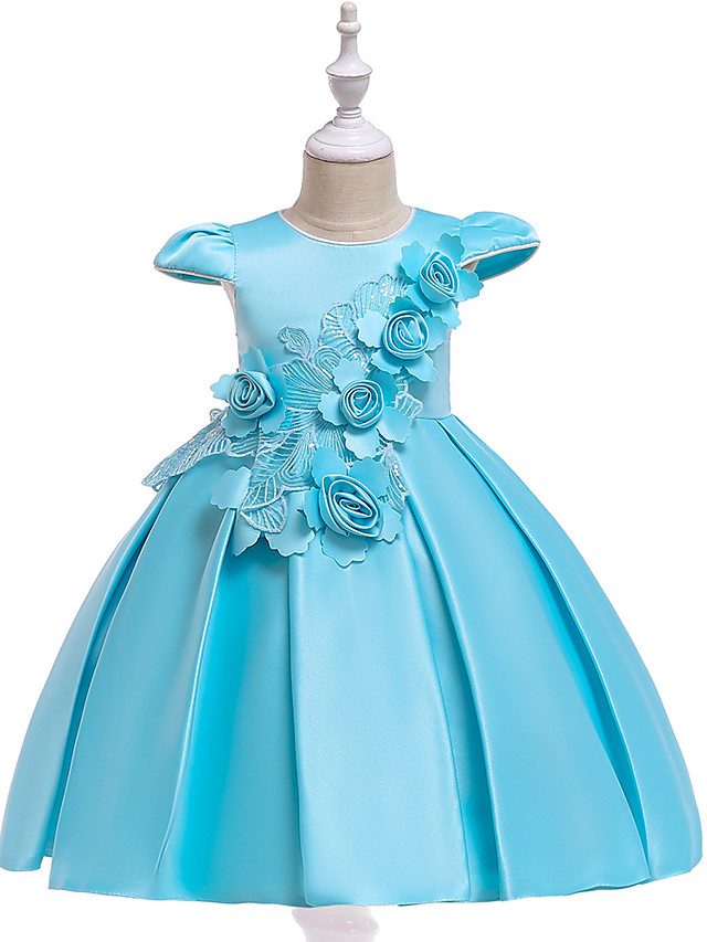 Ball Gown Medium Length Flower Girl Dress - Satin / Tulle Short Sleeve ...