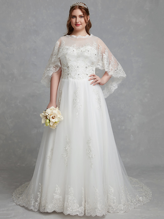 A Line Wedding Dresses Jewel Neck Court Train Lace Tulle Sleeveless Romantic Vintage Sparkle Shine Illusion Detail Plus Size With Lace Crystals 2021 7006838 2021 279 99
