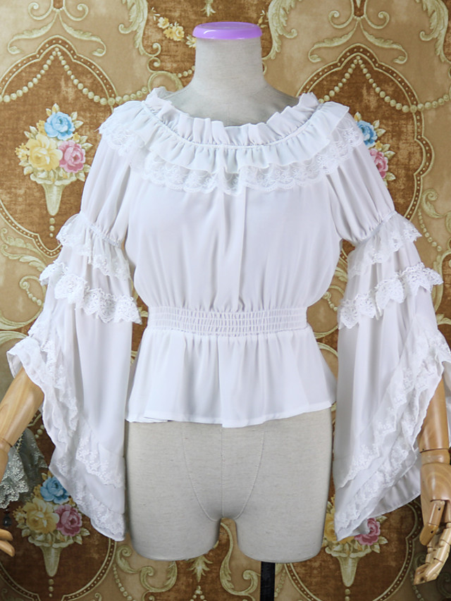 Готический стиль Sweet Lolita Блузы / сорочки Косплэй Kостюмы Мужской Шифон Кружево Японский Косплей костюмы Белый / Черный Однотонный Кружева Вспышка рукава Длинный рукав