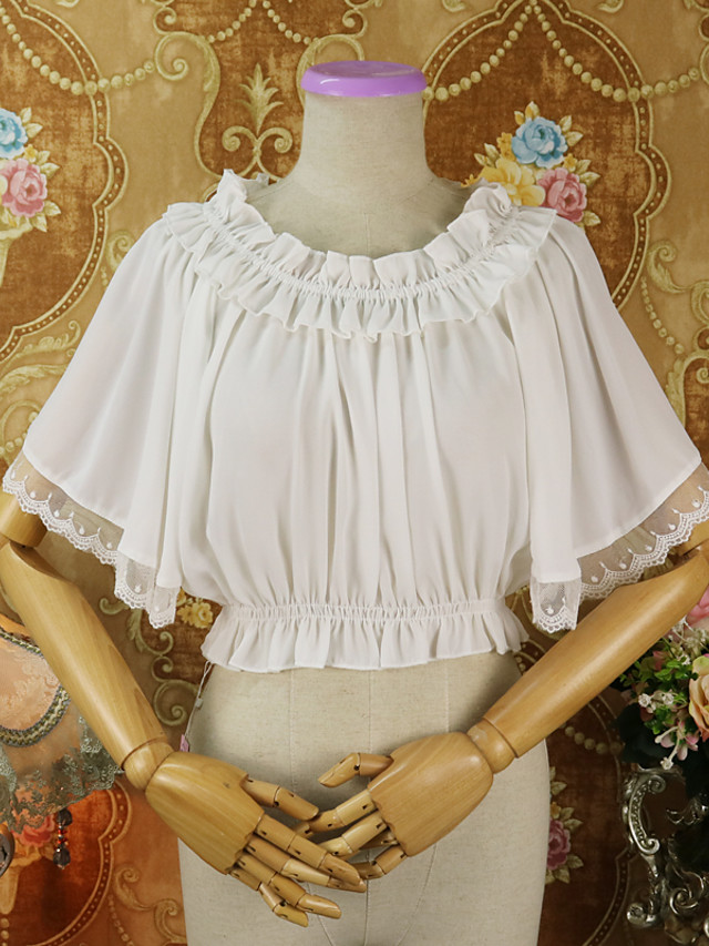 Готический стиль Sweet Lolita Блузы / сорочки Косплэй Kостюмы Мужской Шифон Кружево Японский Косплей костюмы Белый / Черный Однотонный Кружева Бабочка С короткими рукавами
