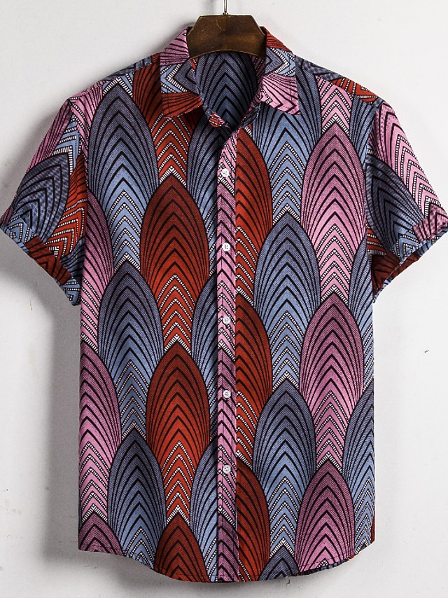 Hombre Tribal Estampado Camisa Casual Cuello Ingles Morado Manga Corta 14 39