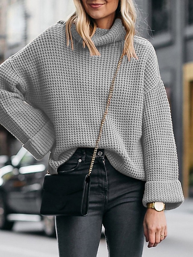 Mujer Un Color Manga Larga Corte Ancho Pullover Jersey de punto, Cuello Mujer Un Color Manga Larga Corte Ancho Pullover Jersey de punto, Cuello