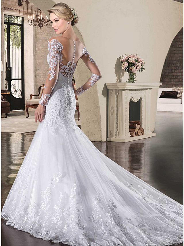 Mermaid Trumpet Wedding Dresses Bateau Neck Court Train Lace Tulle Lace Over Satin Long Sleeve Sexy See Through Backless Illusion Sleeve With Appliques 2021 7876201 2021 269 49