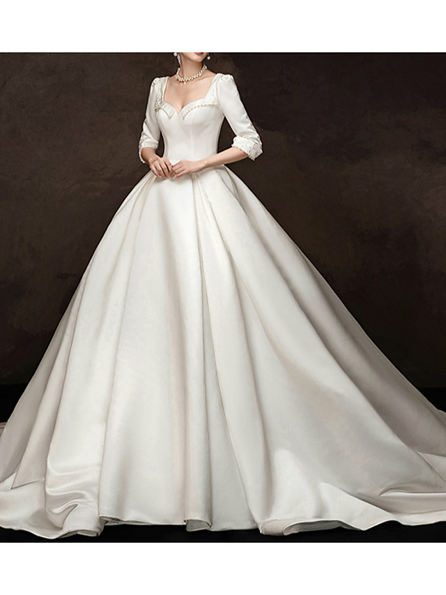 Ball Gown Wedding Dresses Sweetheart Neckline Watteau Train Satin Half Sleeve Simple Vintage Elegant With Beading 2021 7942922 2021 329 99
