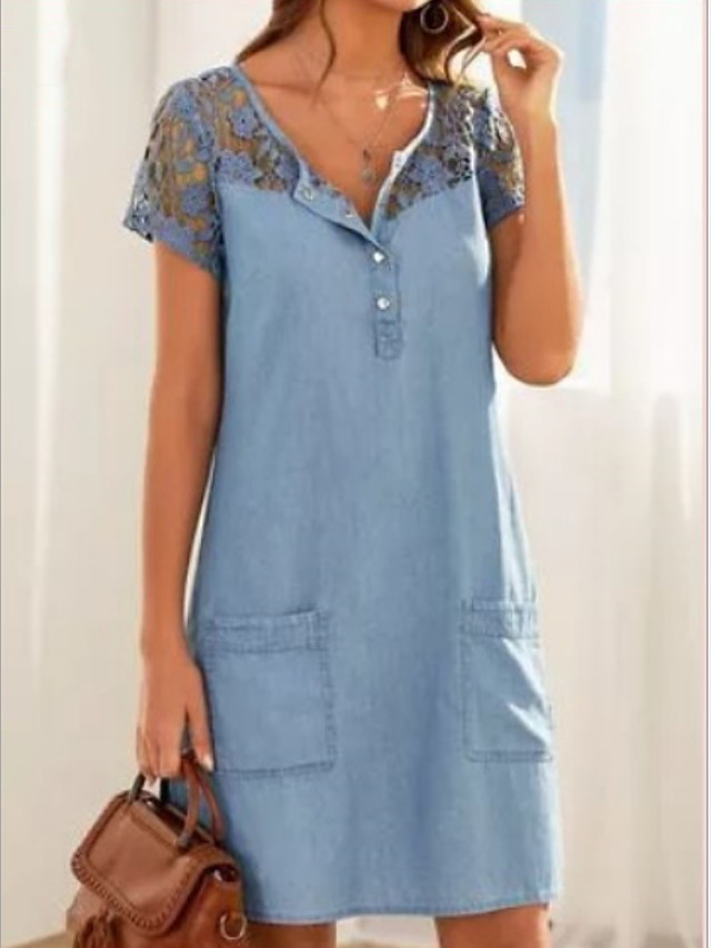 short sleeve denim dress with pockets