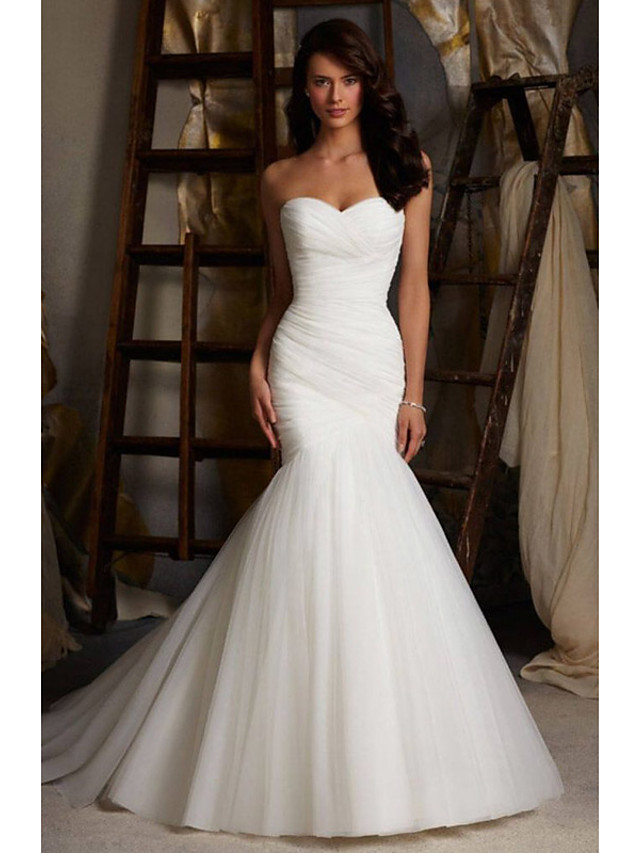 strapless ruched mermaid tulle wedding dress