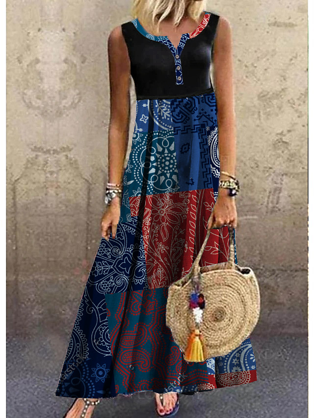 Women's A Line Dress Maxi long Dress Navy Blue Sleeveless Color Block