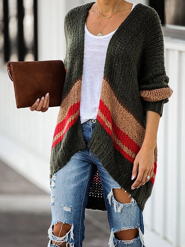Knitted Rainbow Striped  Cardigan Women Autumn V-neck Sweater Single-breasted 