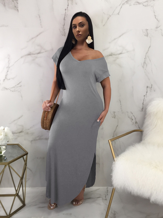 solid short sleeve maxi sheath dress