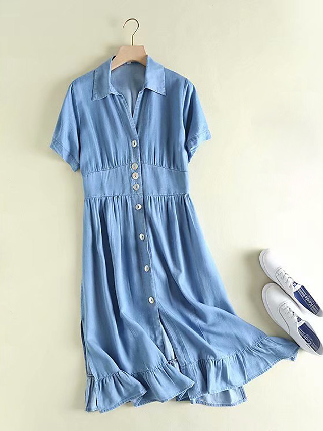 Women's Denim Shirt Dress Midi Dress Blue Light Blue Short Sleeve Solid