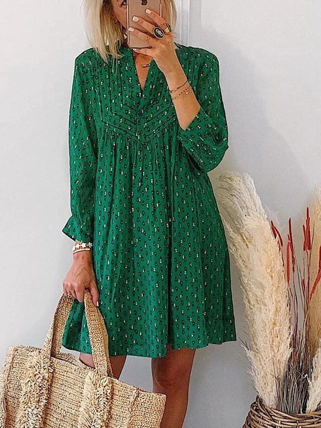 Women's Shift Dress Knee Length Dress Green Long Sleeve Print Smocked