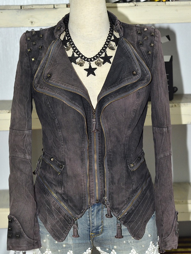 stand collar zip up denim jacket