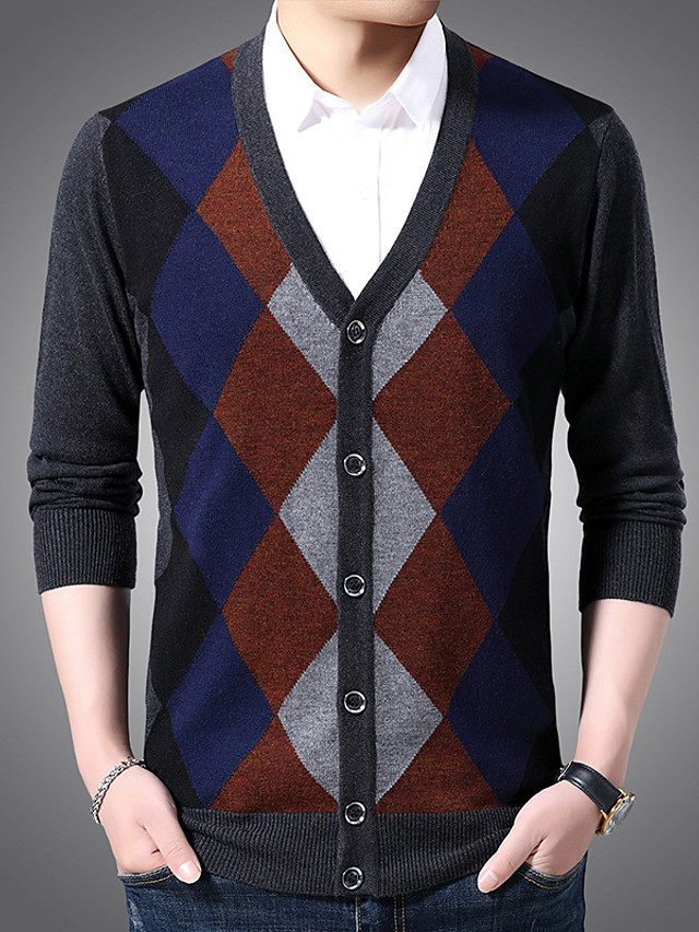 Men's Basic Knitted Color Block Sweater Long Sleeve Sweater Cardigans V ...