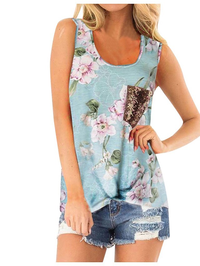 womens casual tops sleeveless cute floral print flowy tunic loose fit ...
