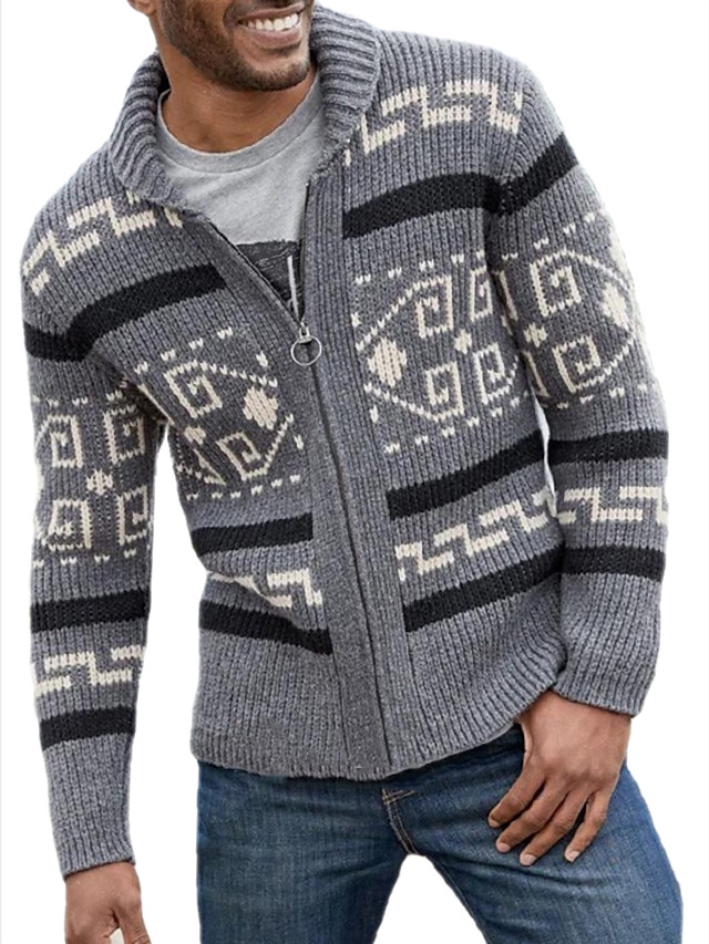 Men's Knitted Geometric Cardigan Long Sleeve Sweater Cardigans V Neck ...