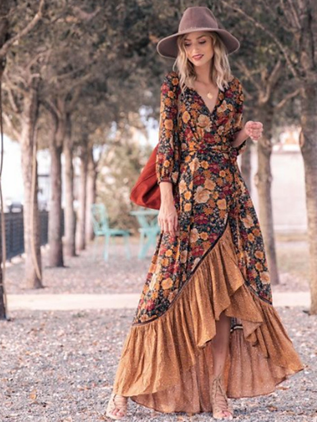Women's Swing Dress Maxi long Dress - Long Sleeve Floral Split Ruffle ...