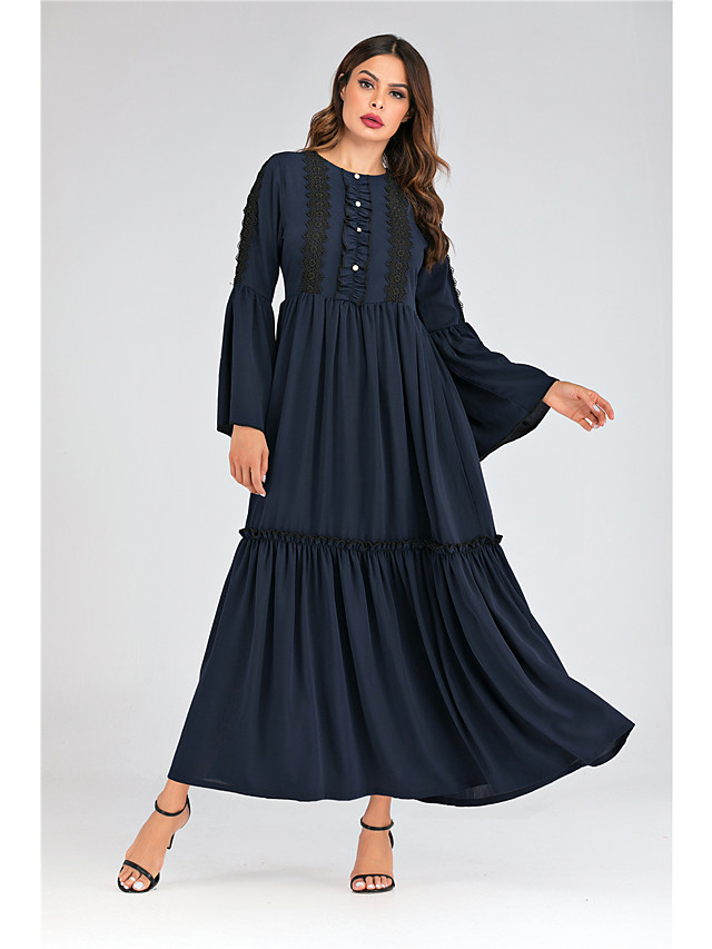 Femme Robe Trapèze Robe longue maxi Bleu Manches Longues Imprimé