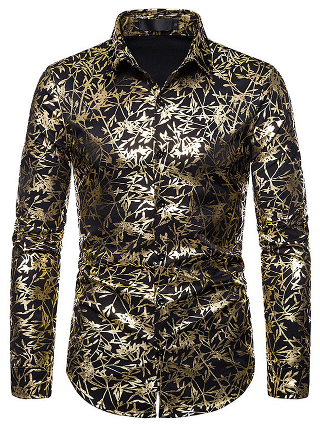 men's luxury gold shiny floral print long sleeve button up dress shirts ...