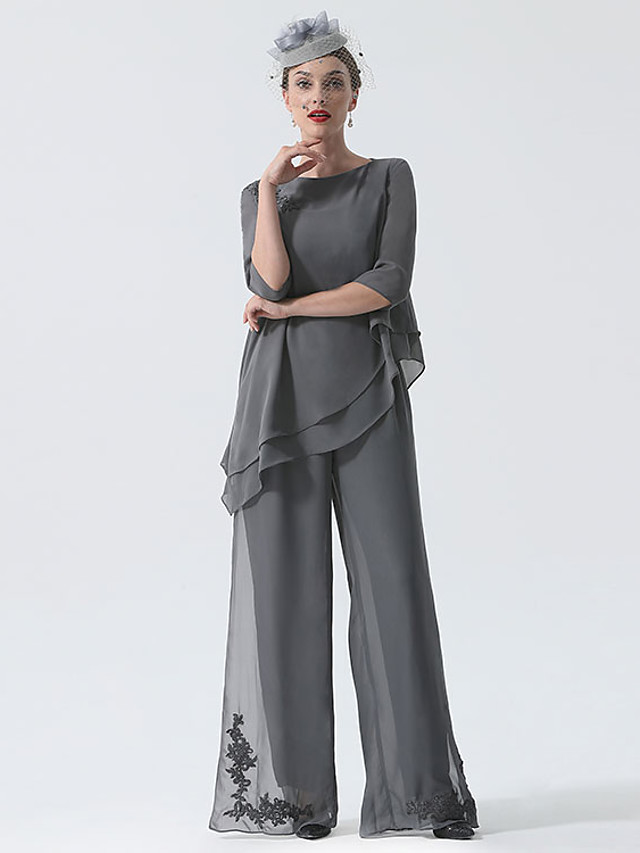 Lilac Mother of the bride pant suit with Lace jacket Elastic waist High-end Trousers suit nmo-526