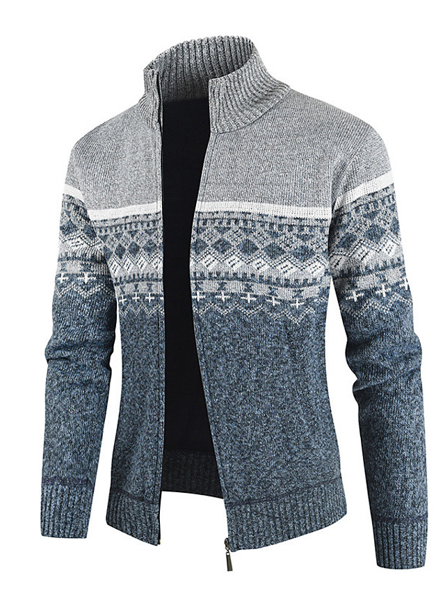 Men's Zipper Front Knitted Striped Argyle Cardigan Long Sleeve Sweater ...