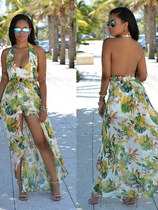 women summer sexy v neck halter floral maxi skirt overlay romper playsuit white1 large 8377871 