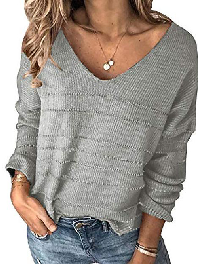 Fudule Sweaters Women Long Sleeve Sweaters V Neck Pullovers Solid Knit Casual Loose Blouse Jumper Tops 
