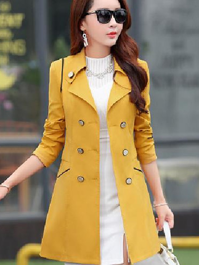 Women's Spring Solid Double Breasted Dress-Coats Slim Mid-Long Trench ...