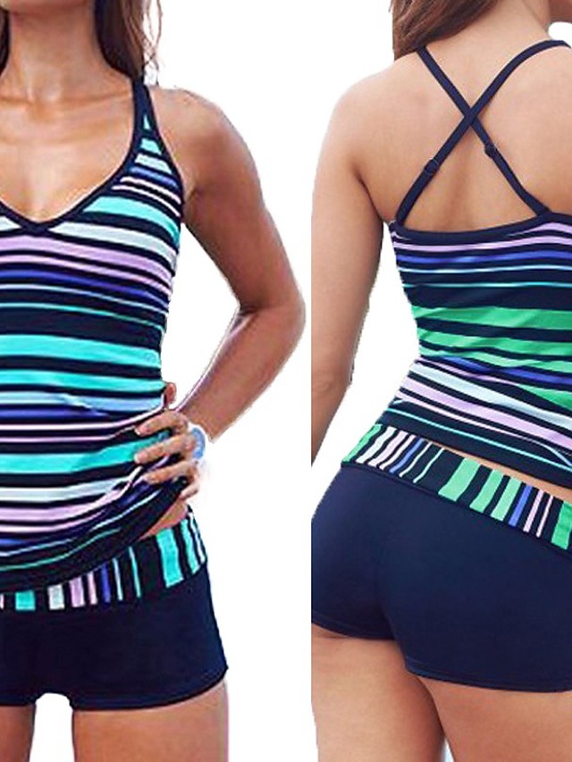 Dame Tankini 2 stk badedragt Åben Ryg Kors Farveblok Stribe Regnbue