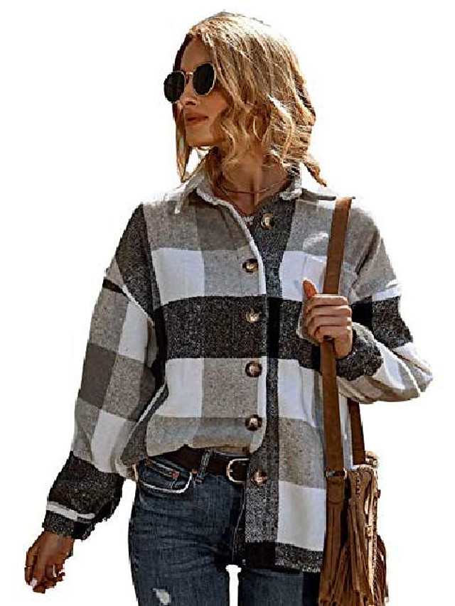 Womens Classic Plaid Long Sleeve Lapel Button Wool Blend Short Coat