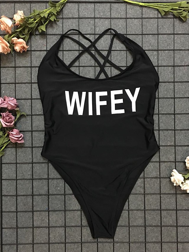 Calvary Women Wifey One Piece Letter Bikini Bodysuit Bather Beach Sexy 