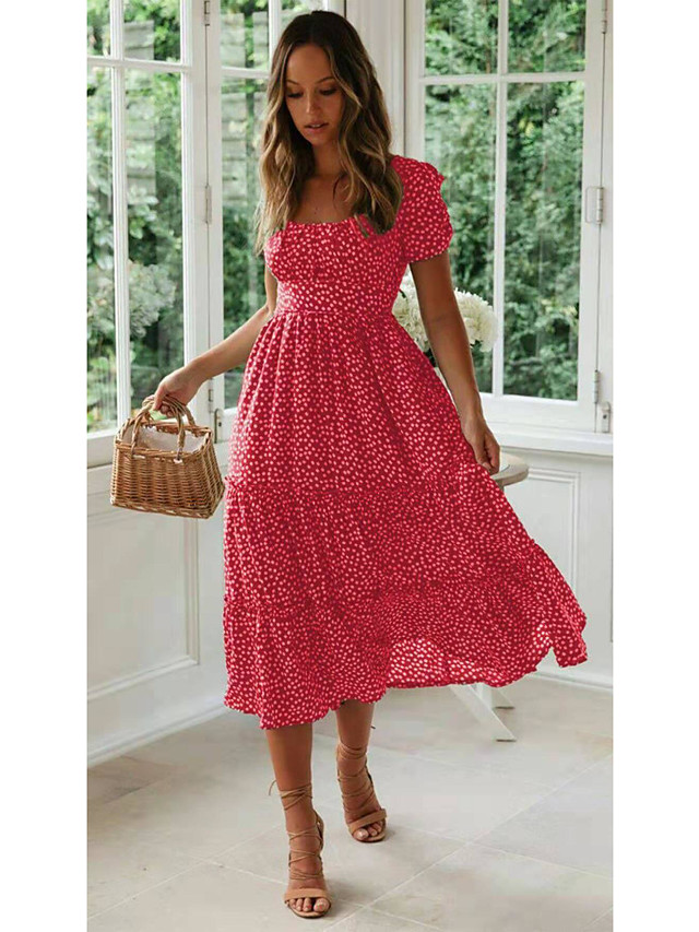 vintage floral midi dress for women puff sleeve square neck ruffles hem